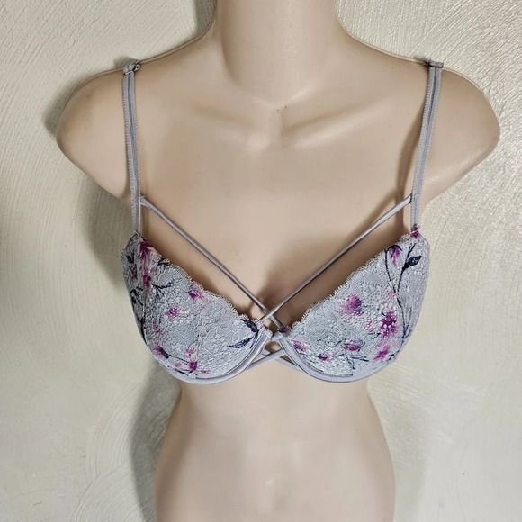 Pink Victoria's Secret Gray Floral Print Date Push Up Bra Size Women's 34C - Picture 4 of 7